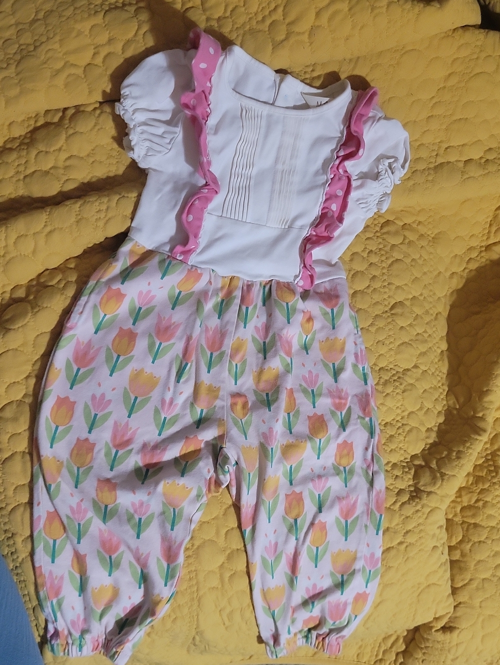 Matilda Jane White Top with Pink & Yellow Tulip Romper 6-12 Months